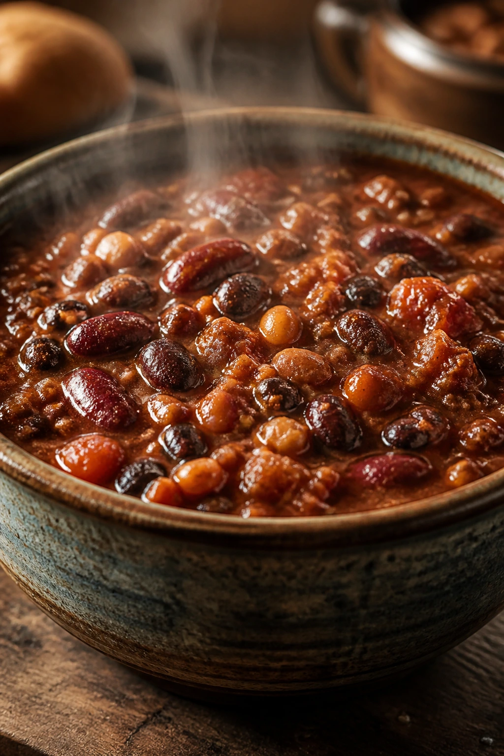 Three-bean chili in a bowl, steaming and hearty