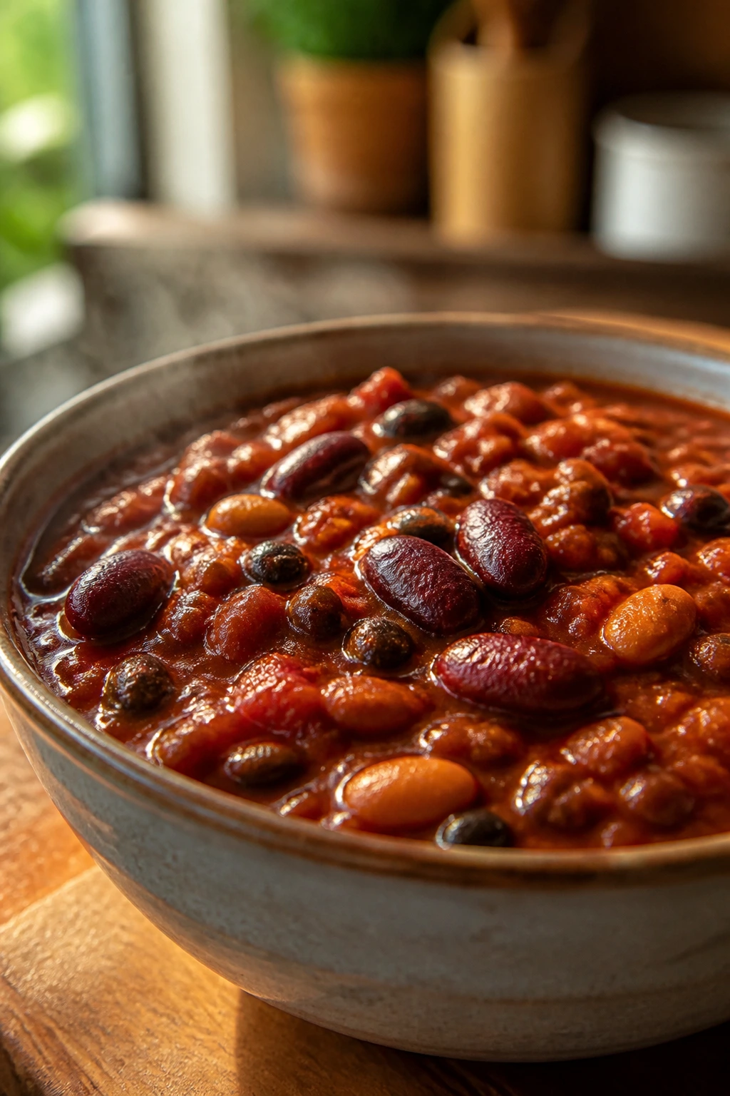 Three-Bean Chili in ceramic bowl with mixed beans on wooden table