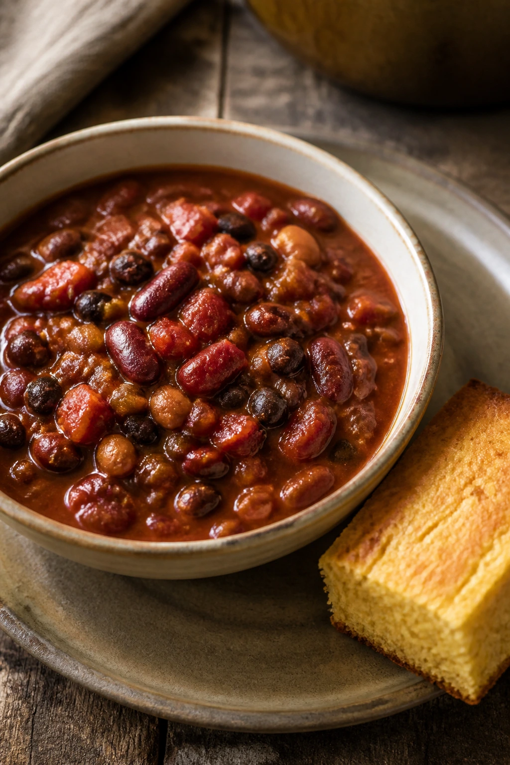 Close-up of three-bean chili with cornbread on a rustic table.