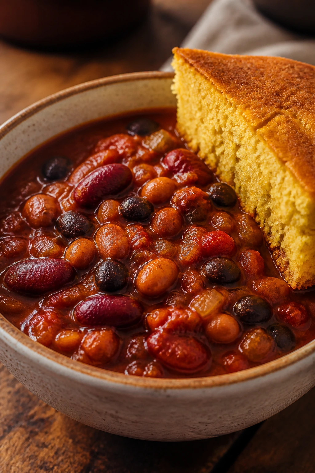 Hearty bowl of three-bean chili with a cornbread wedge on the rim.