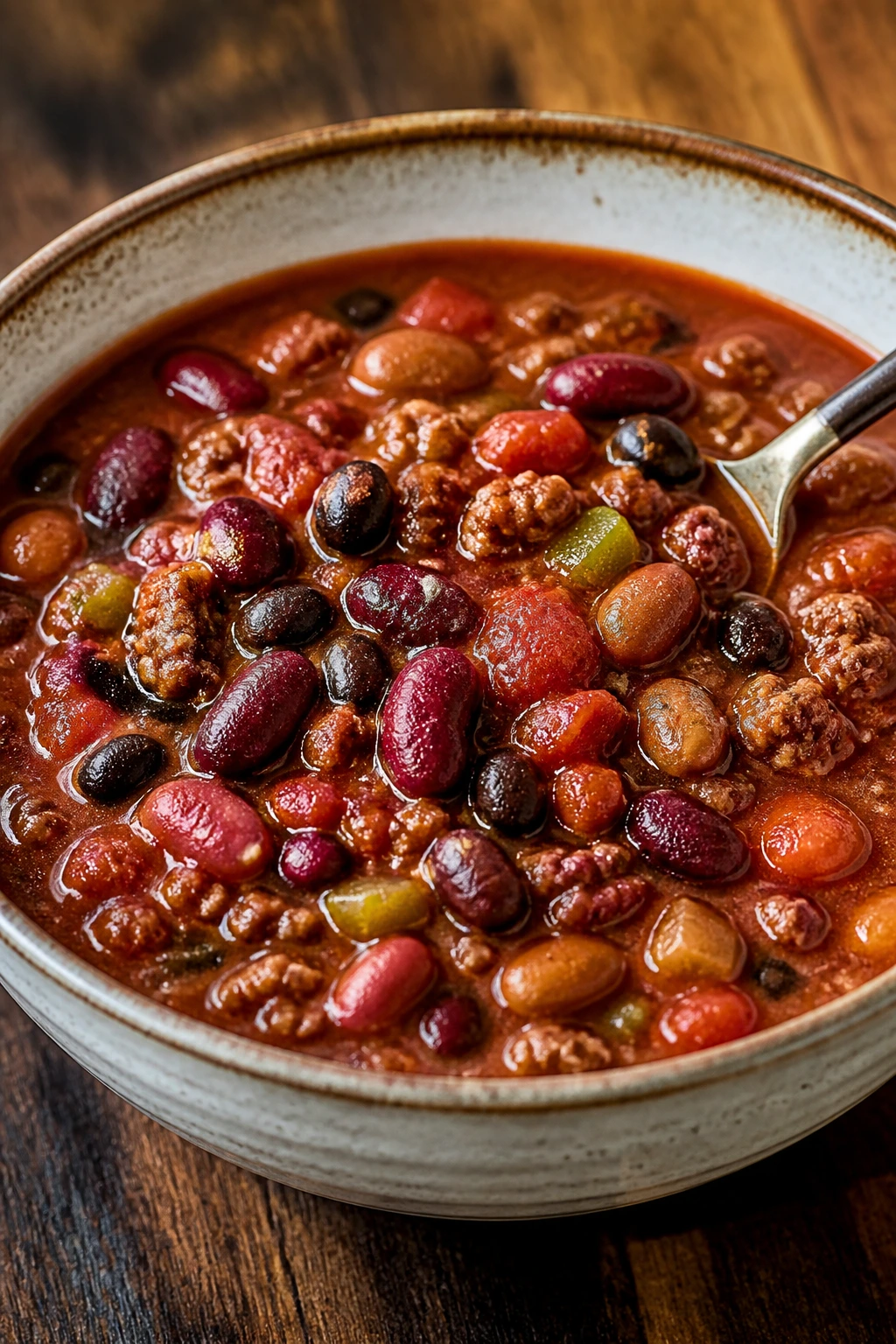 Three-bean chili soup with ground beef in a bowl on a wooden table