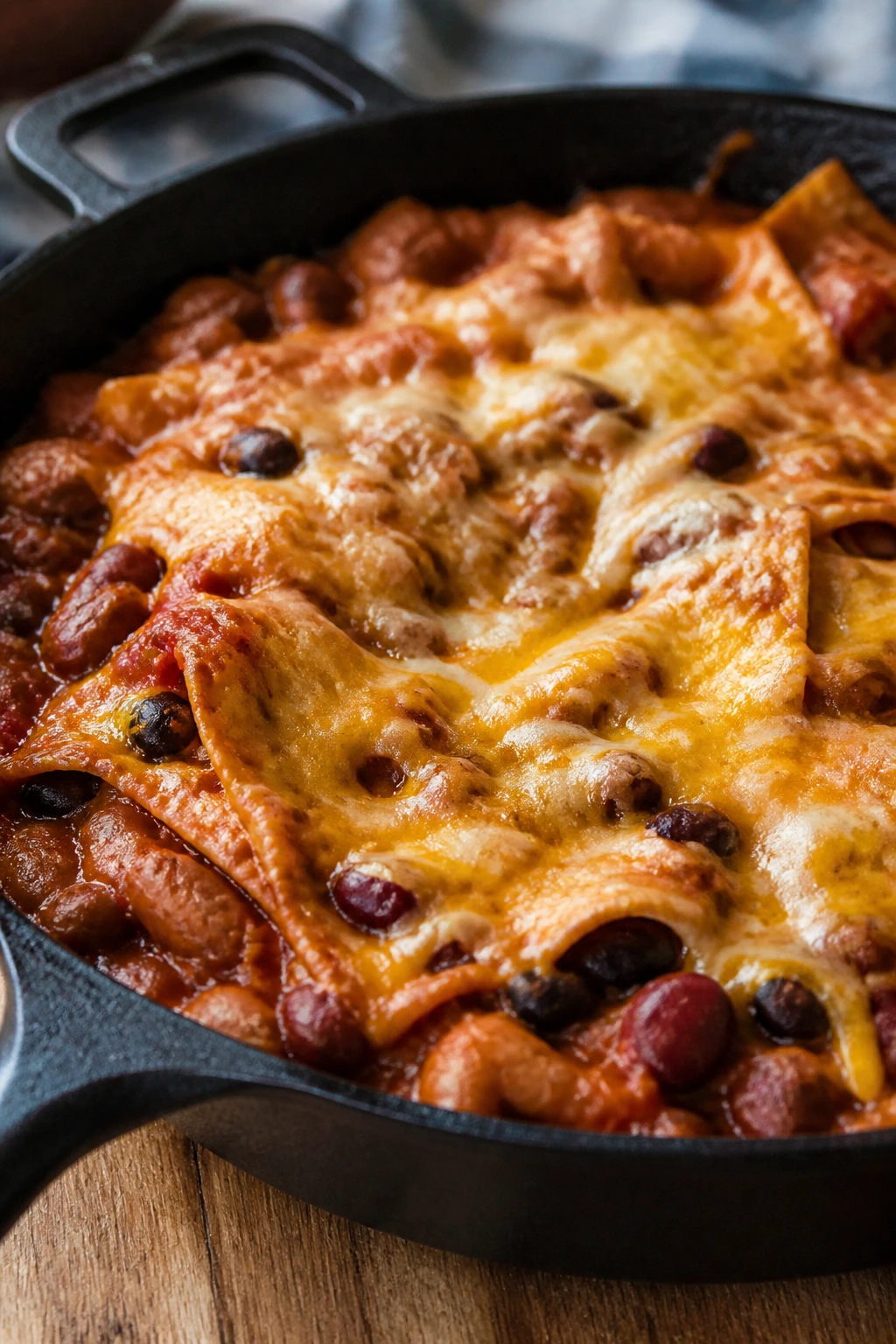 Close-up of Three-Bean Enchilada Skillet bubbling with beans and melted cheese