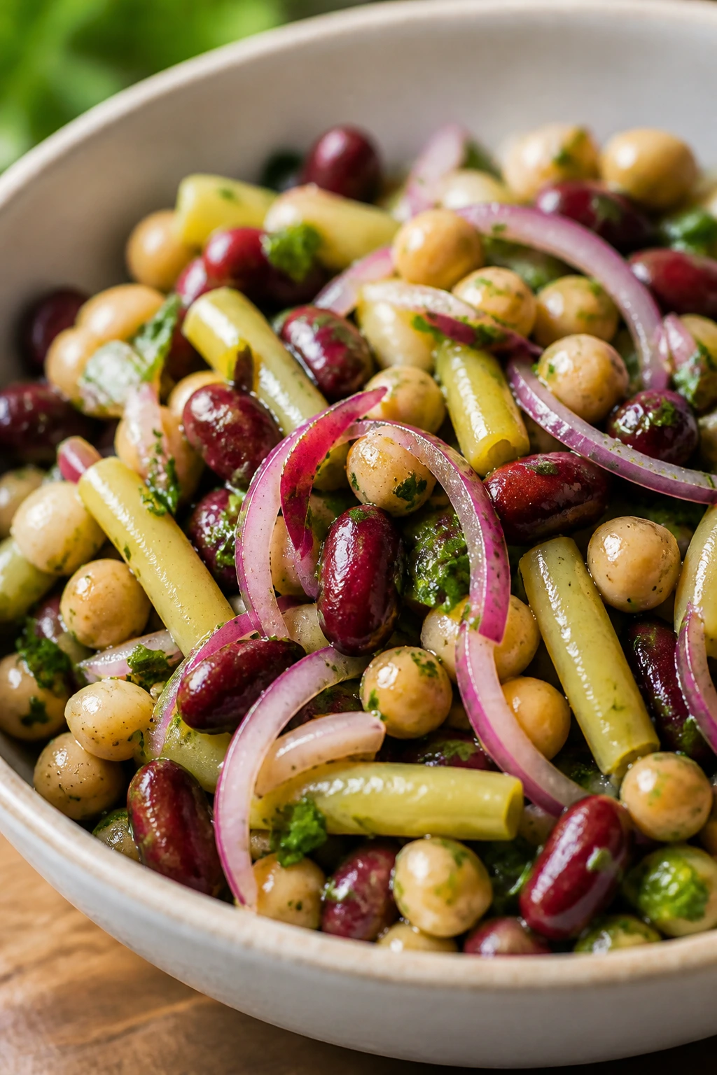 Close-up of three-bean salad with red onion in a bowl
