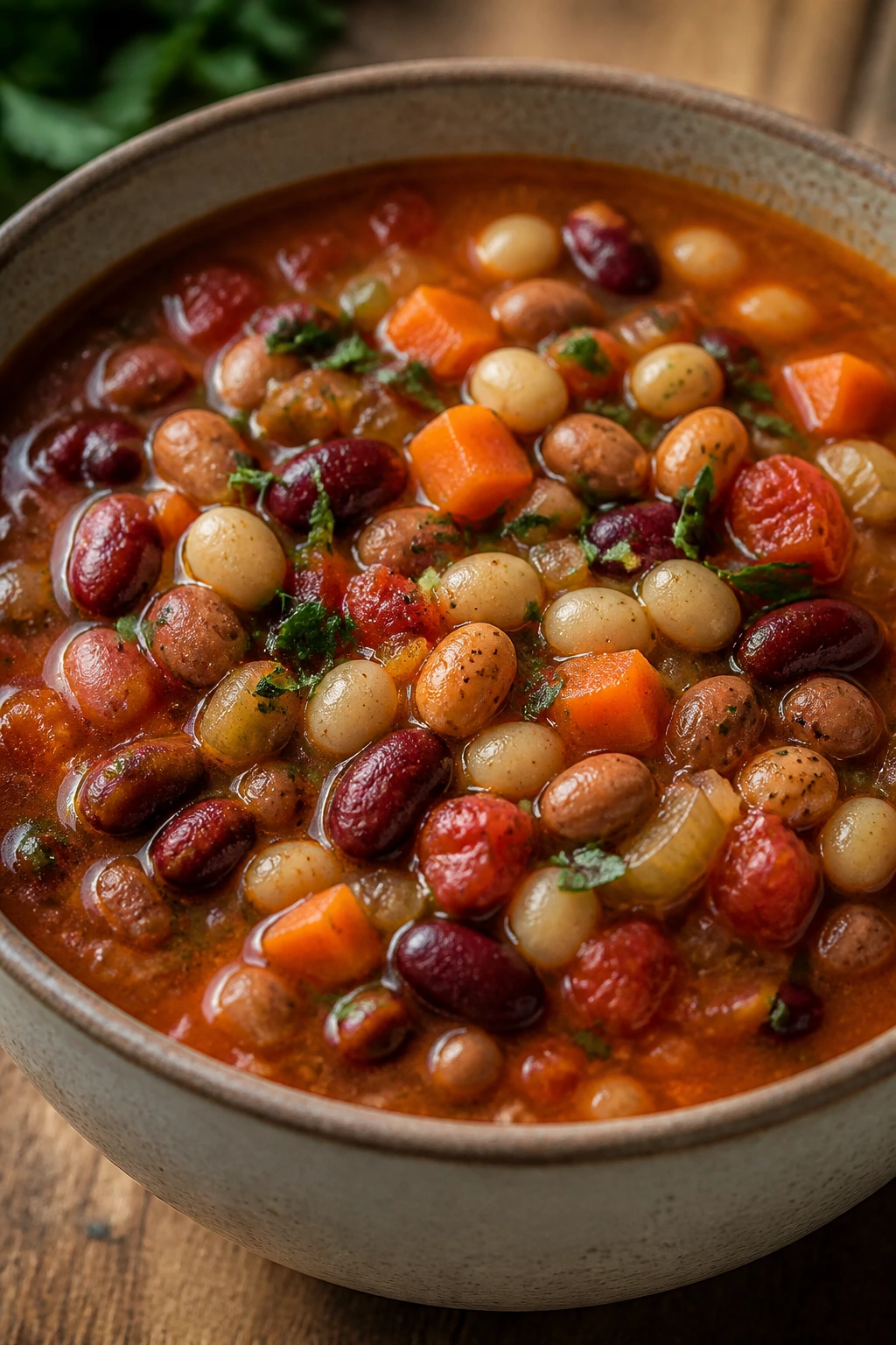 Close-up of three-bean garden soup with kidney, pinto, and navy beans