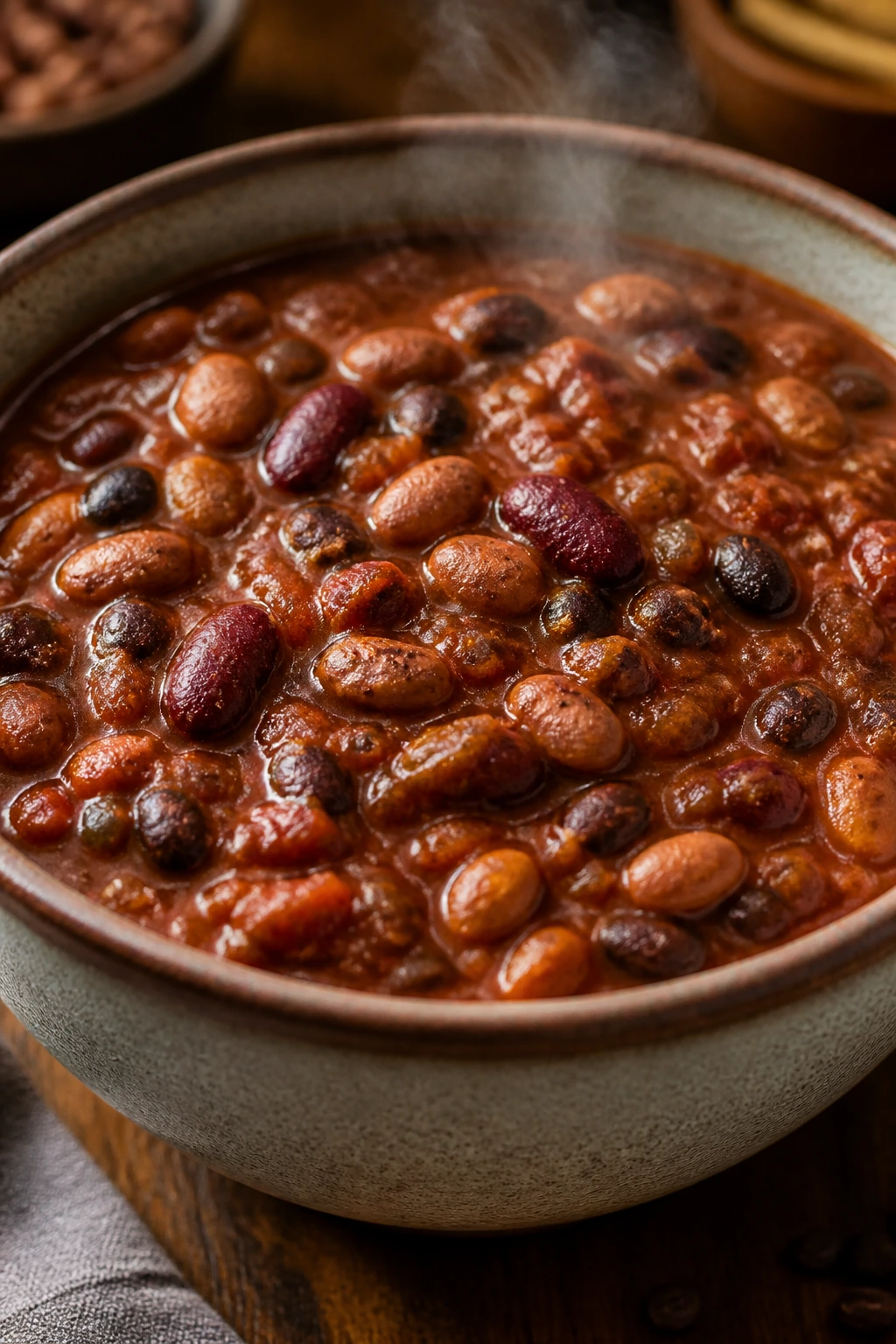 Close-up of three-bean vegetarian chili in a bowl