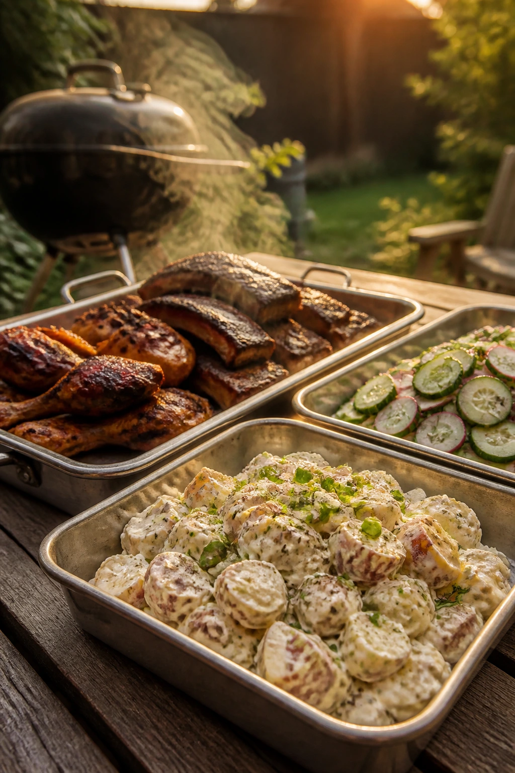 Three food trays representing hot main, cold side, and starch on a backyard table