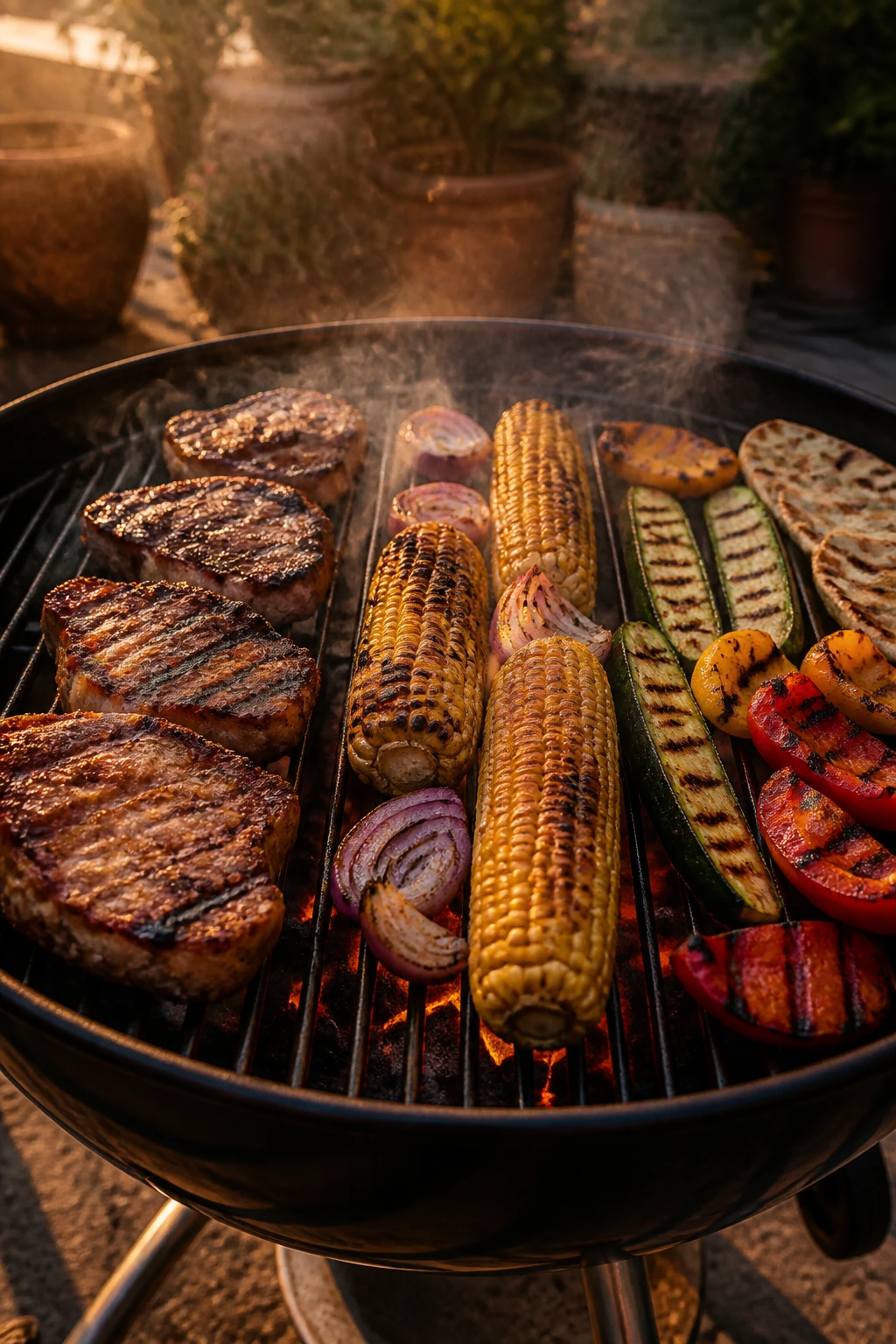 Grill with three cooking zones showing different foods for a single cookout