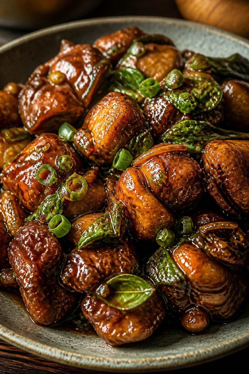 Three Cup Chicken with glossy glaze and basil on plate