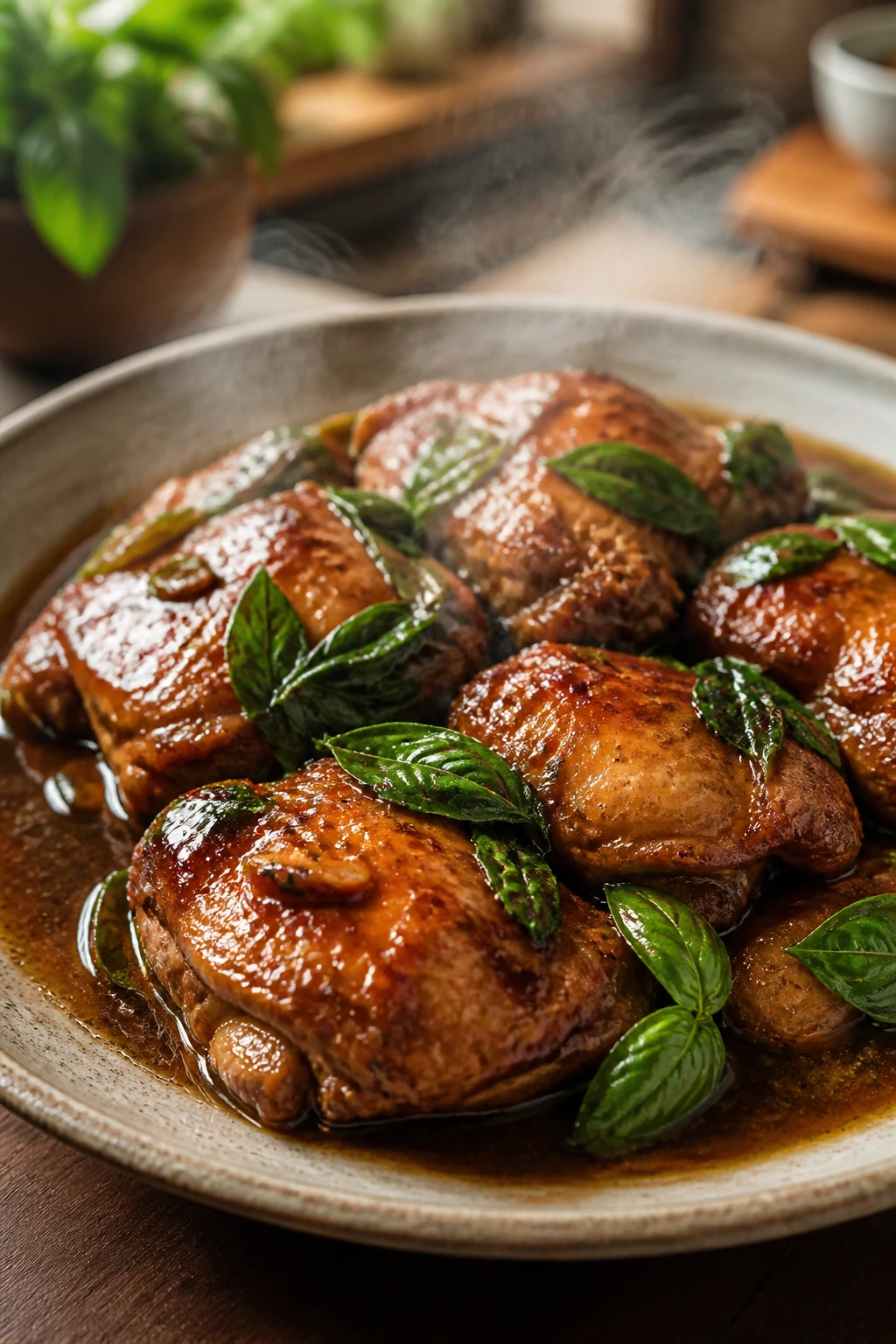 Close-up of three-cup chicken with basil on a plate