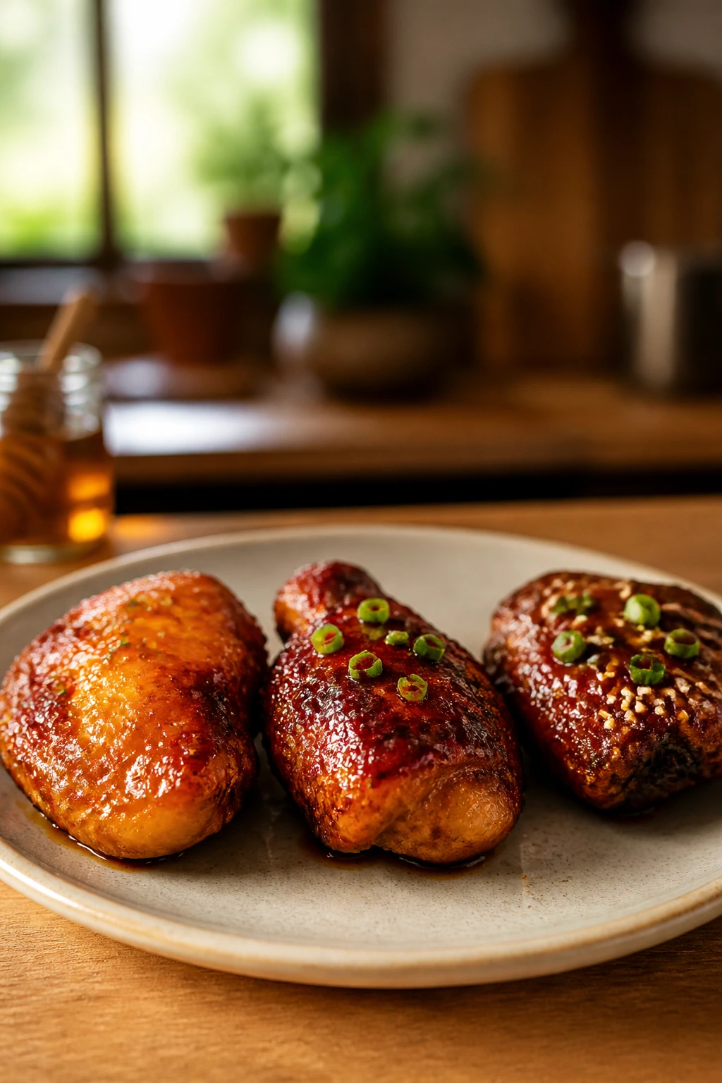 Plate with three thighs, each with a different glaze variation
