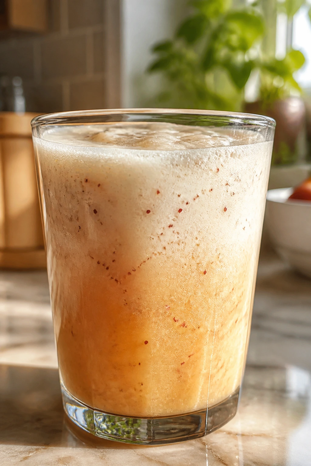 Close-up of a creamy tea-based smoothie in a glass on a warm kitchen counter
