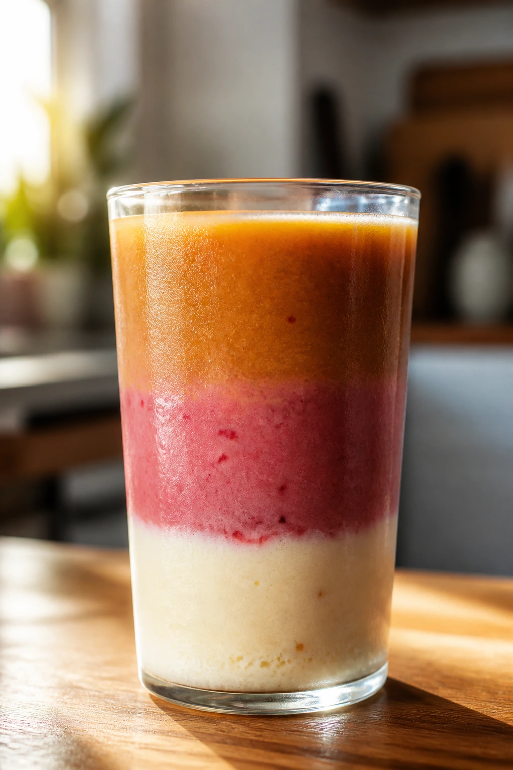 Glass of three-ingredient tea smoothie showing tea, fruit, and dairy layers