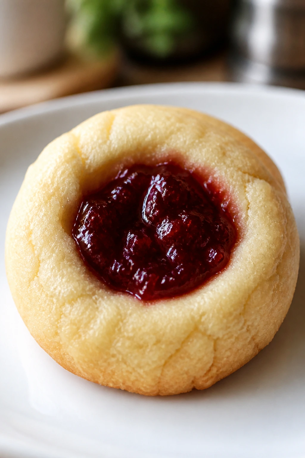 Close-up of a thumbprint cookie with jam center on a white plate
