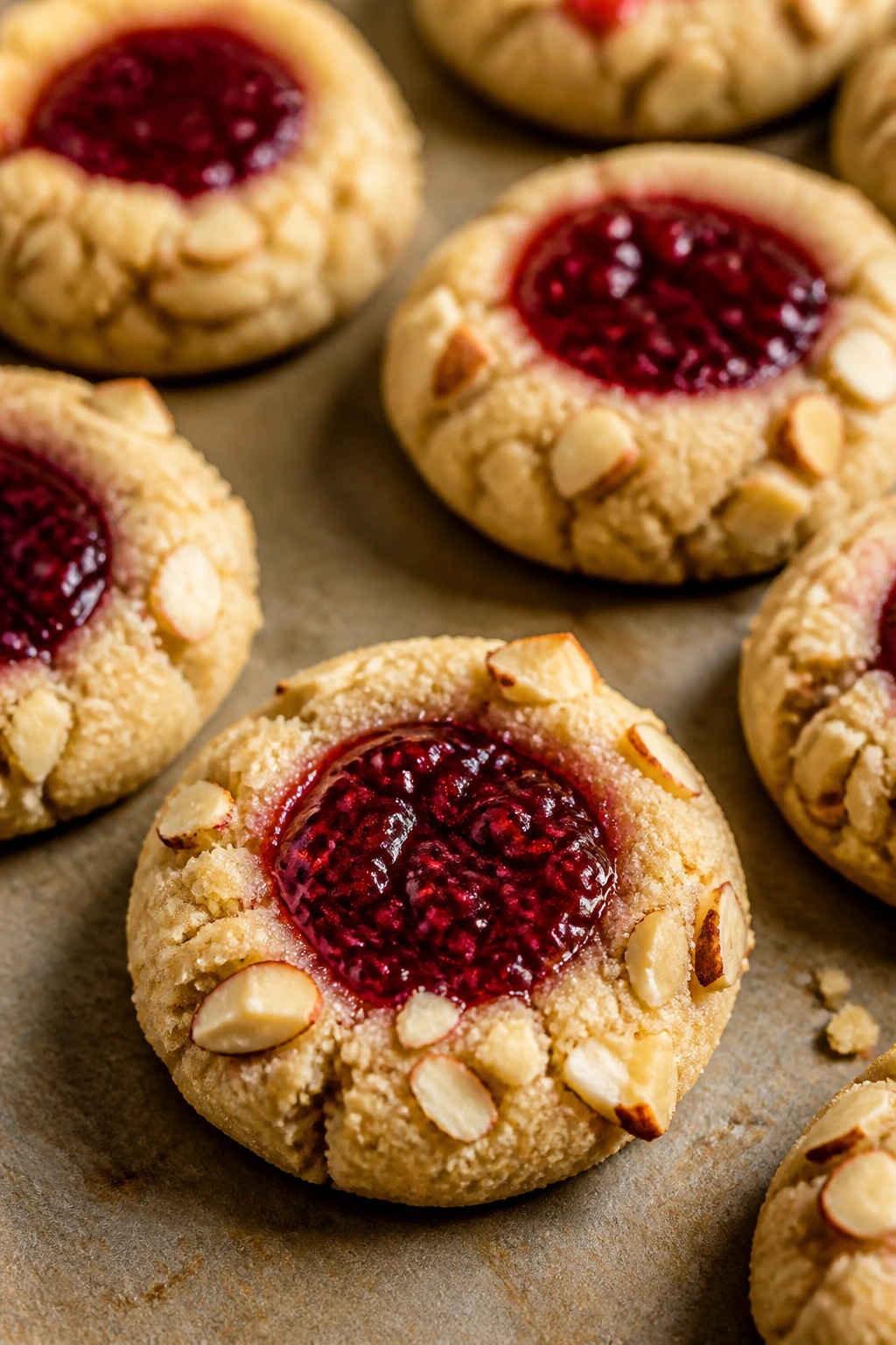 Close-up of raspberry thumbprint almond cookies with jam centers