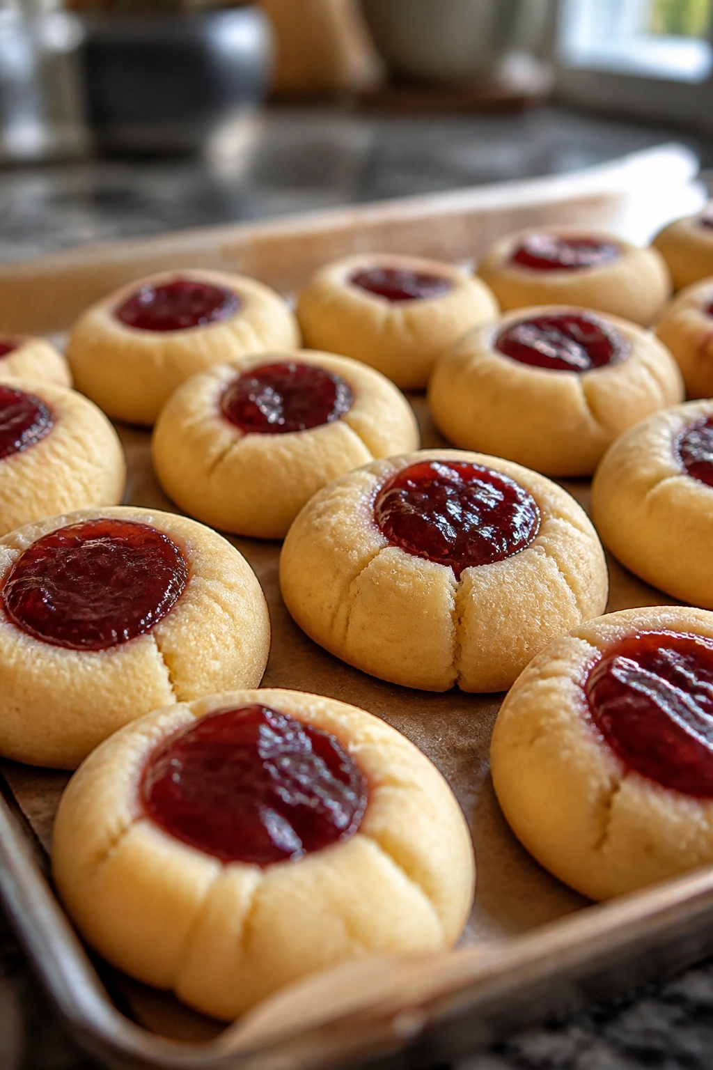 Close-up of jam thumbprint cookies with glossy centers on parchment in a warm kitchen.