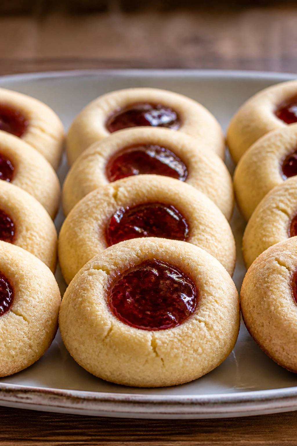 Close-up of jam thumbprint cookies on a plate