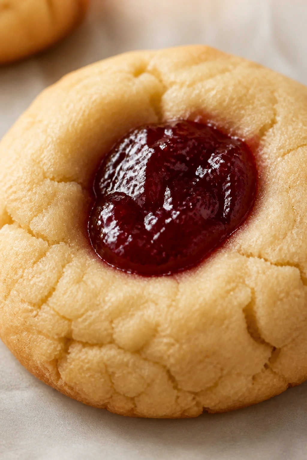 Close-up of jam thumbprint cookie with jam center
