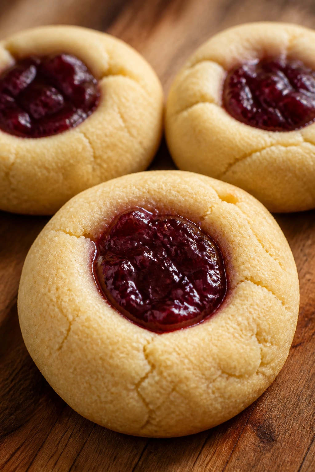 Close-up of jam-filled thumbprint cookies on a wooden board with glossy centers