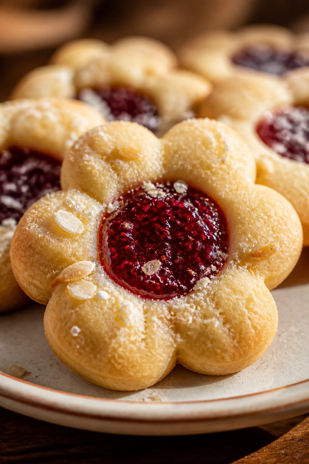 Close-up of jam-thumbprint blossom cookie with raspberry center