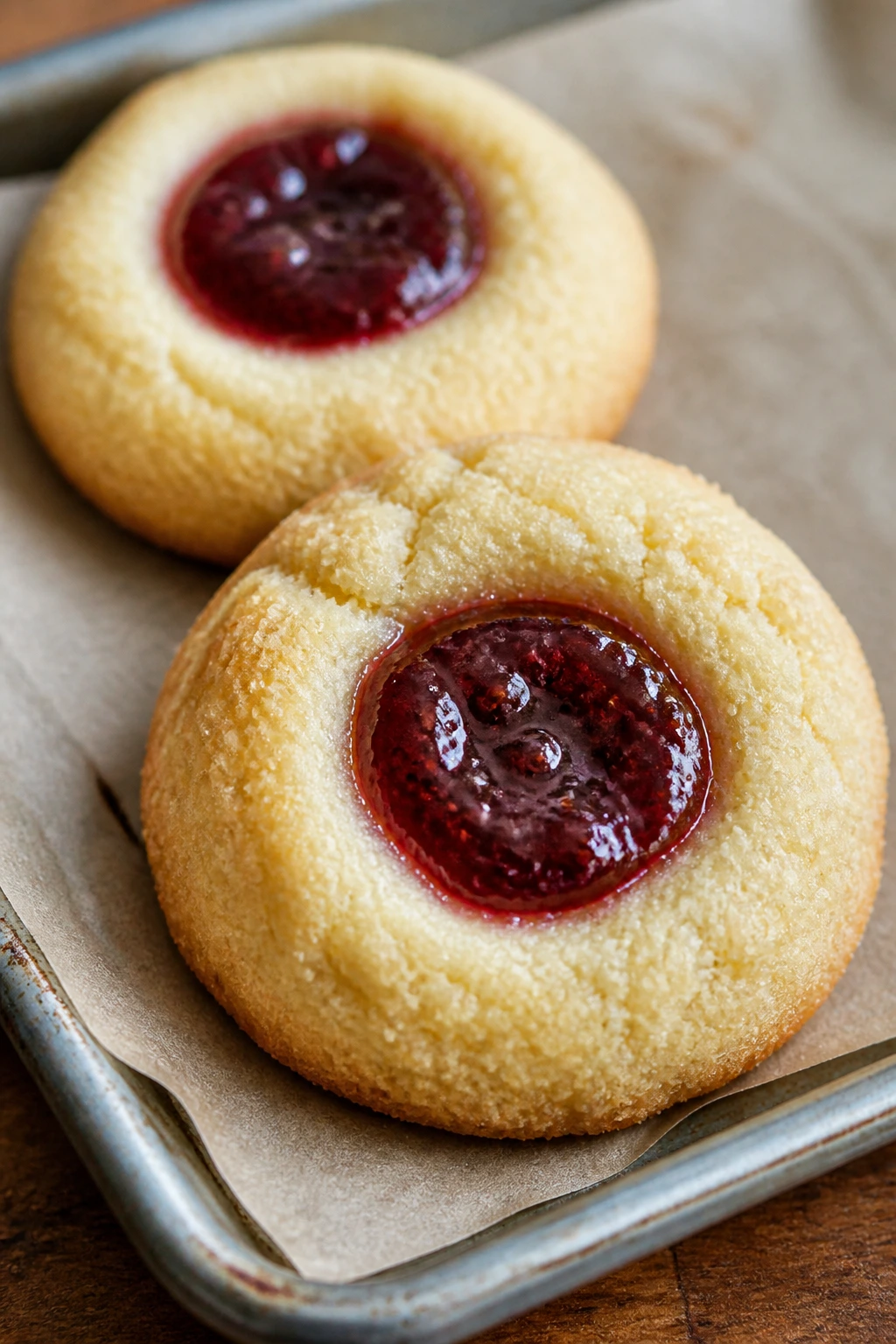 Close-up of thumbprint cookies with jam centers
