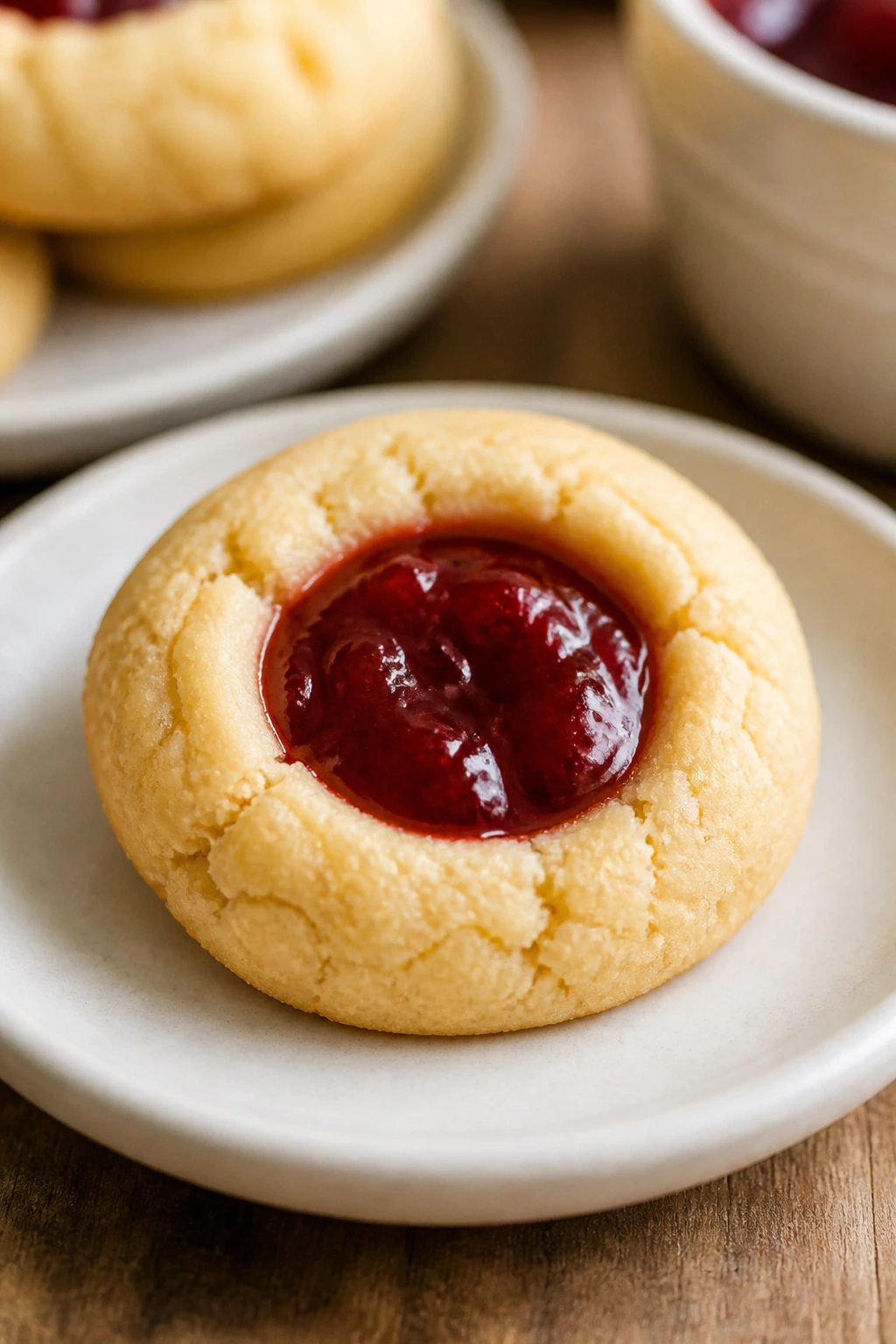 Single jam thumbprint cookie with glossy center