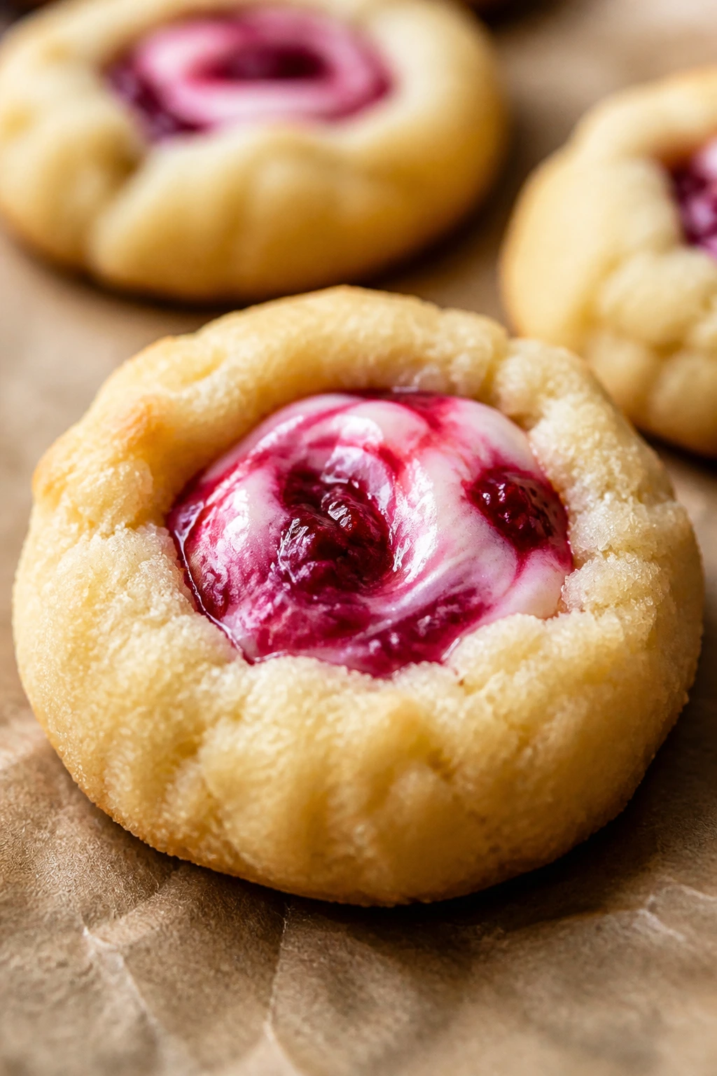 Close-up of Raspberry Cheesecake Thumbprint Cookie with jam center