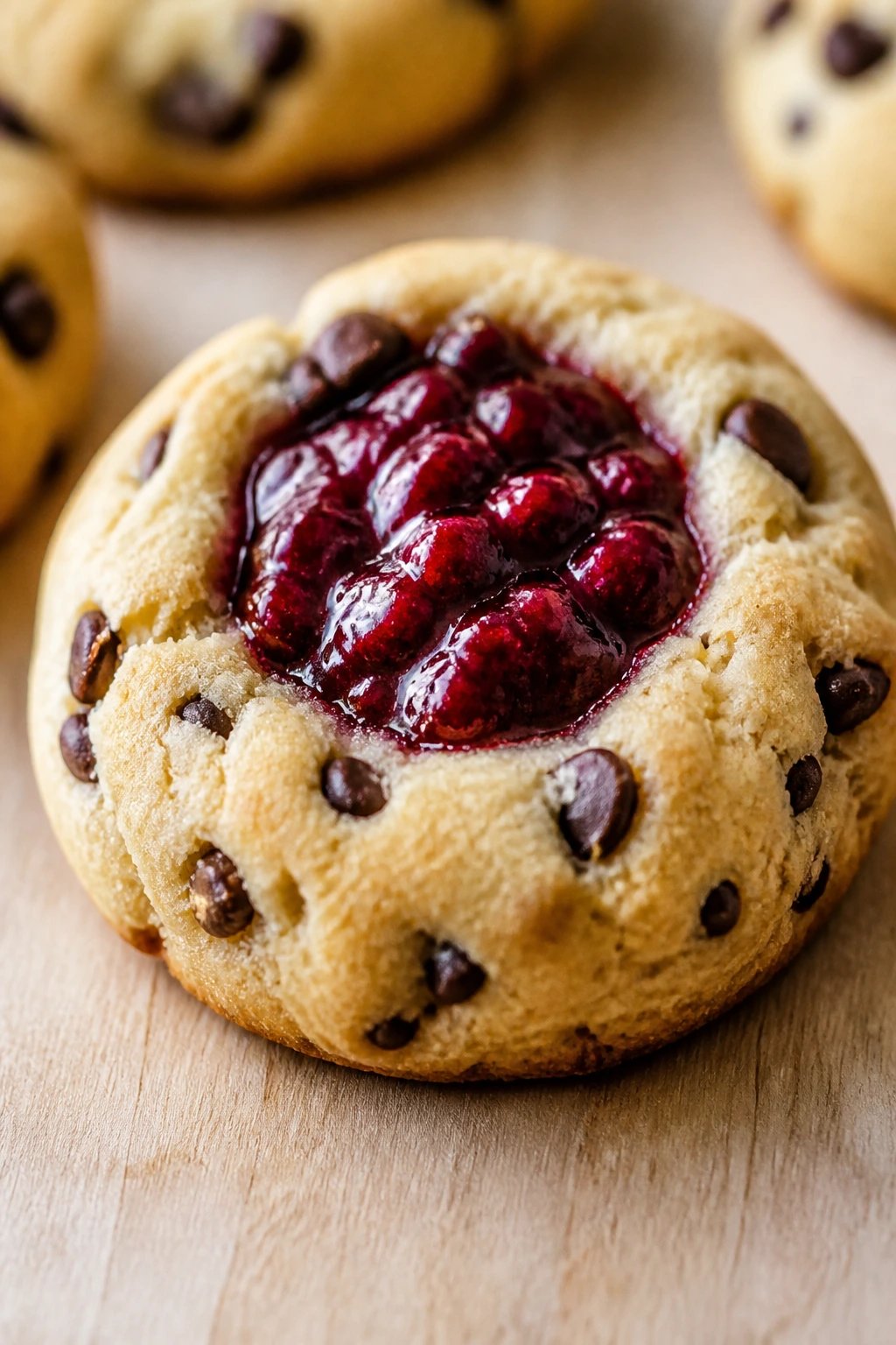 Close-up of a thumbprint cookie with jam center on a wooden surface