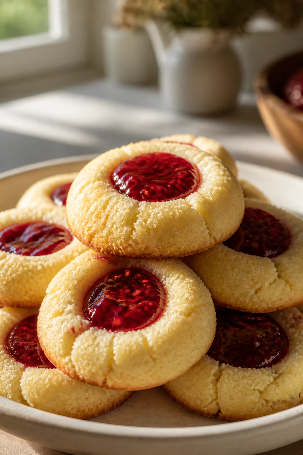 Raspberry thumbprint cookie with jam center on plate
