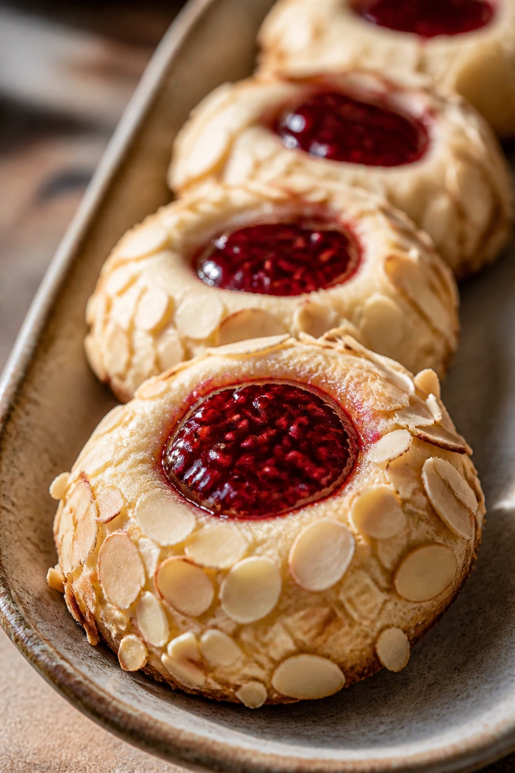 Row of raspberry almond thumbprint cookies on rustic plate