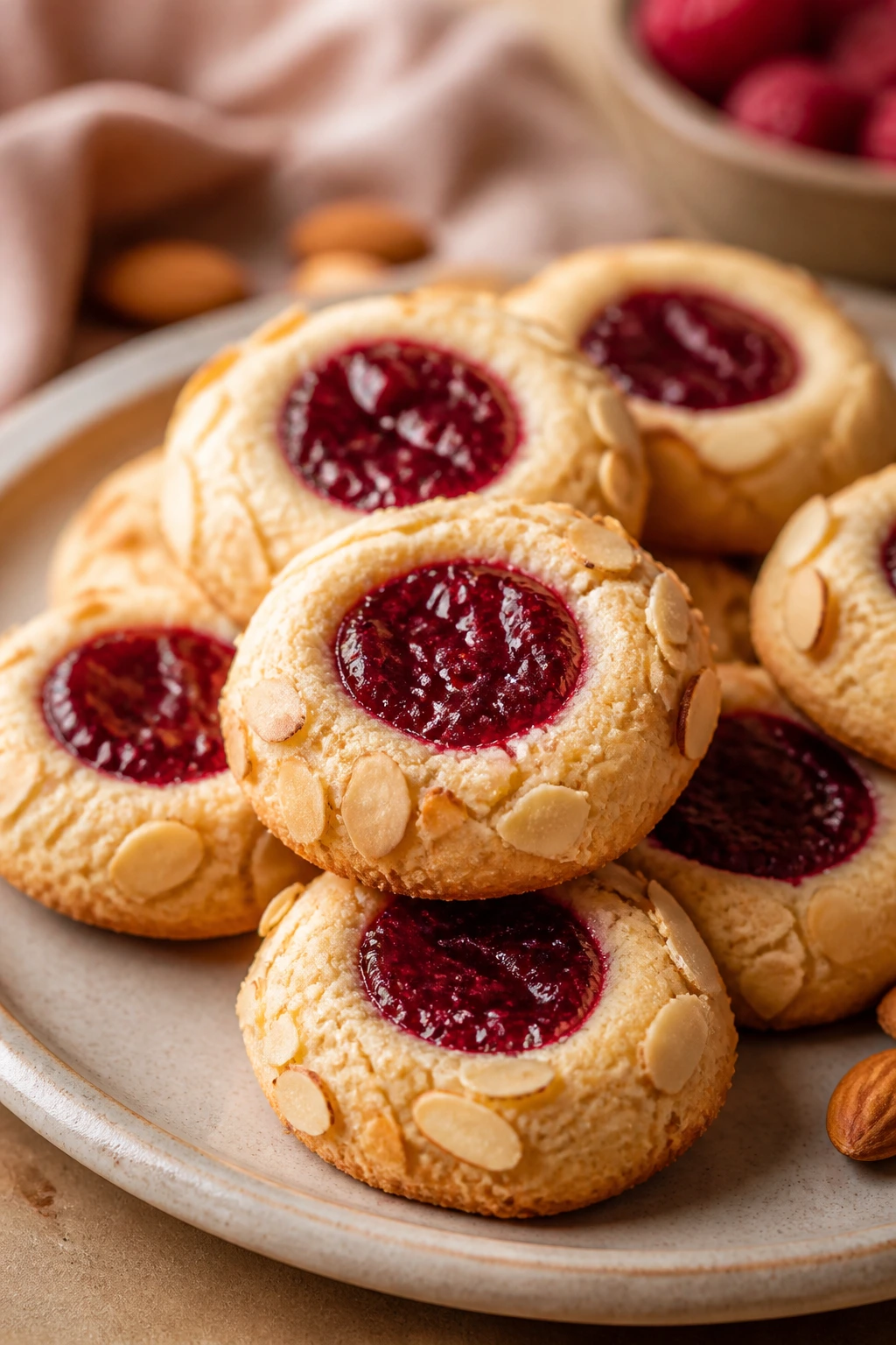 Plate of raspberry almond thumbprint cookies with jam centers
