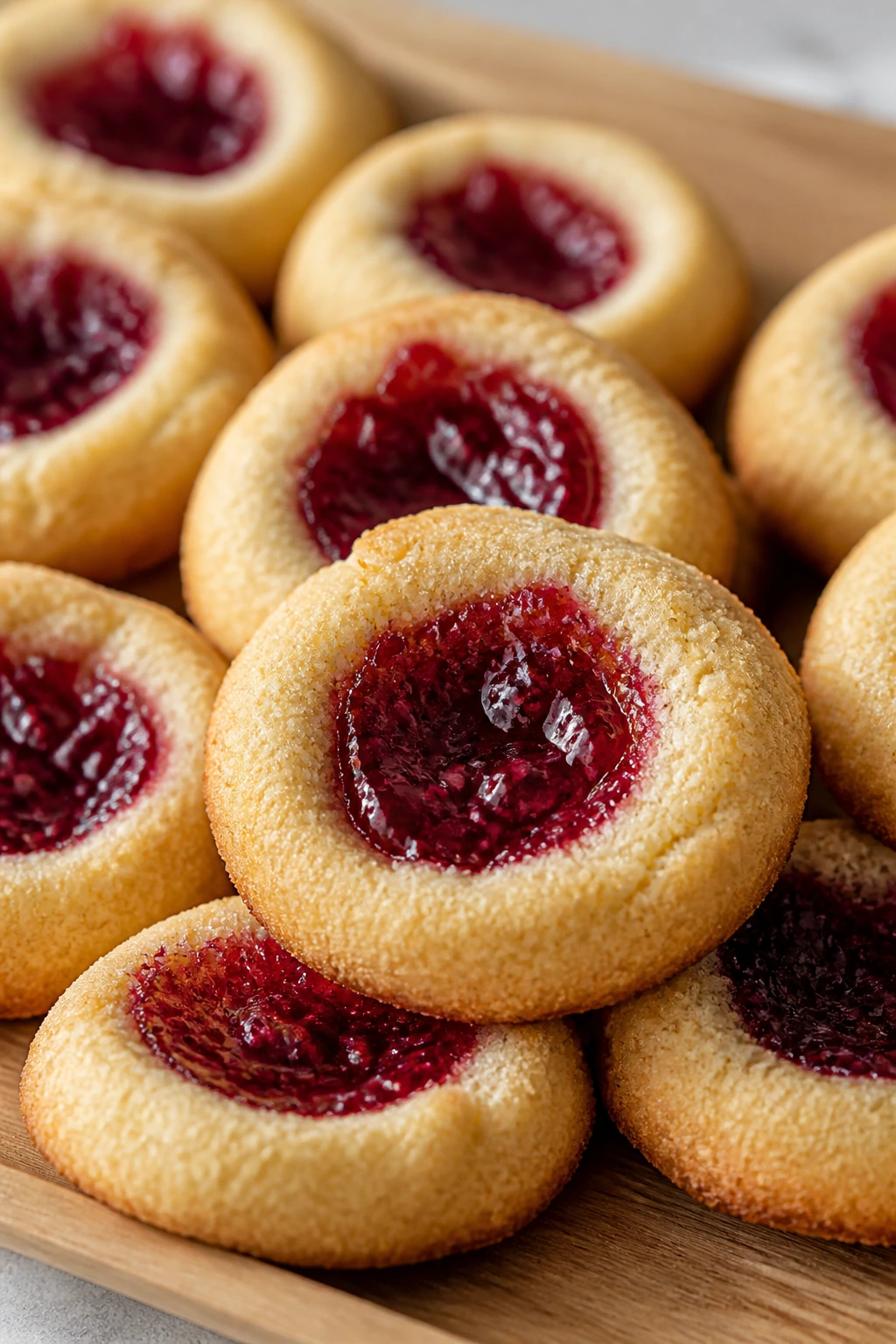 Thumbprint cookies with red raspberry jam wells on a wooden tray.