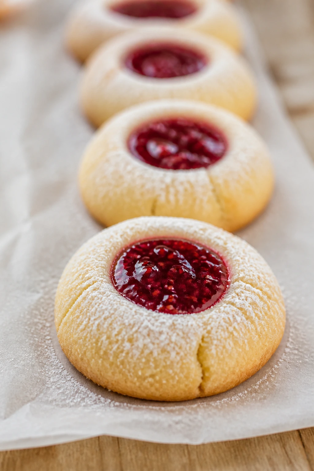 Close-up of raspberry thumbprint cookies with jam centers