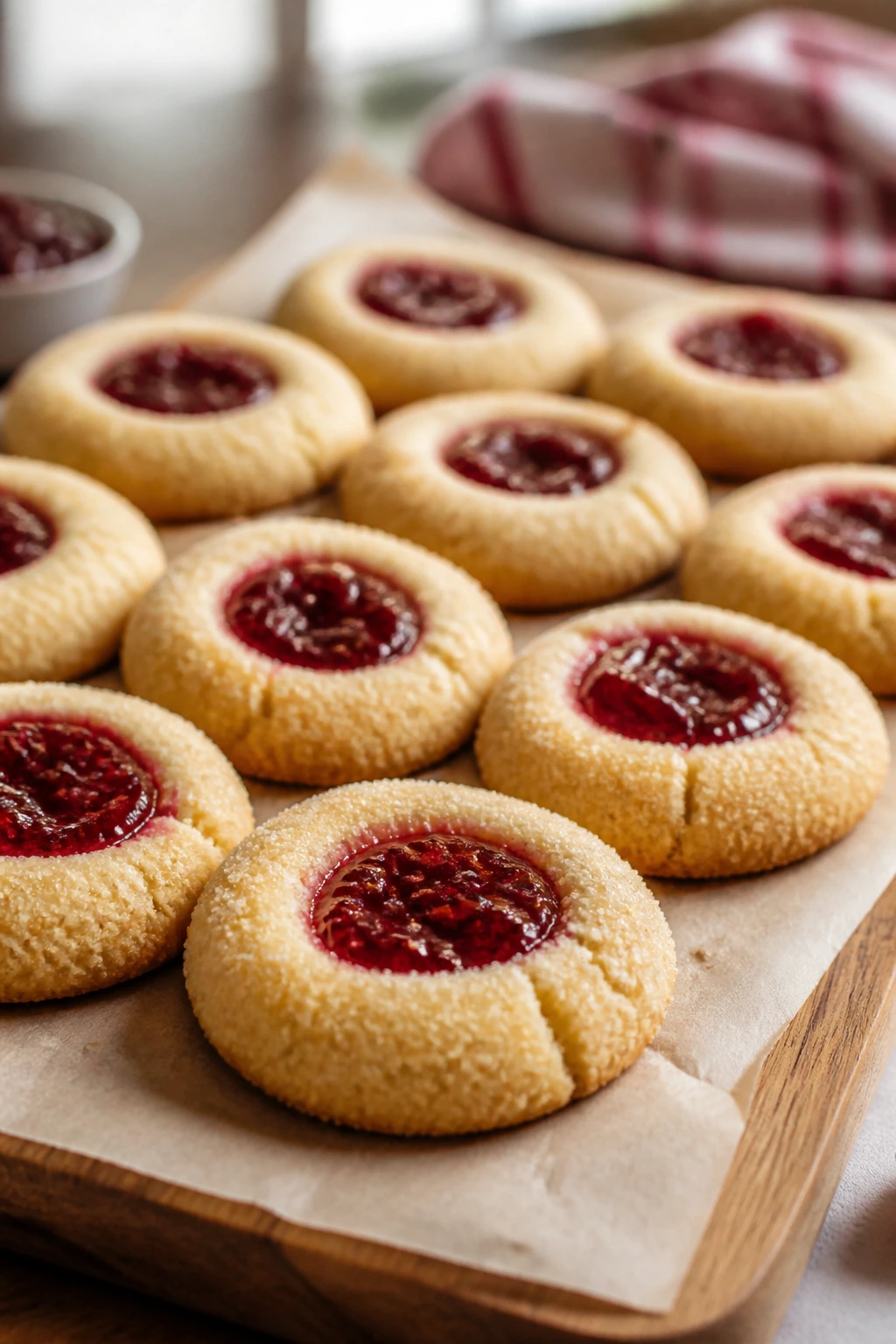 Close-up of raspberry jam thumbprint cookies on a parchment-lined board