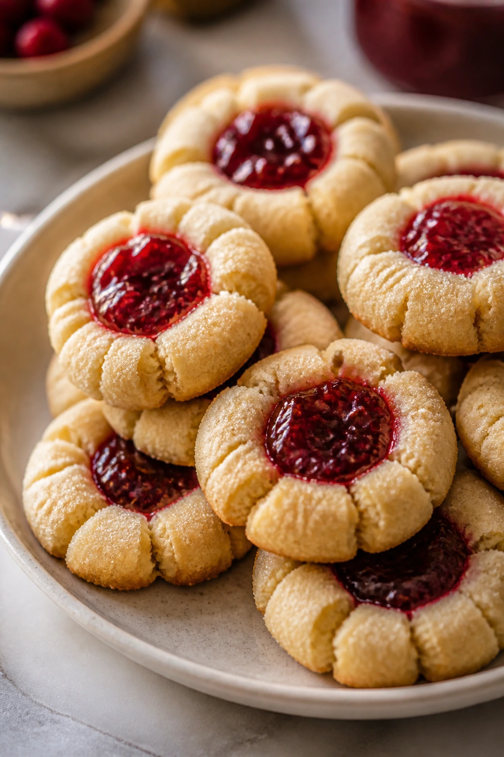 Close-up of Raspberry Thumbprint Blossoms with jam centers on a plate