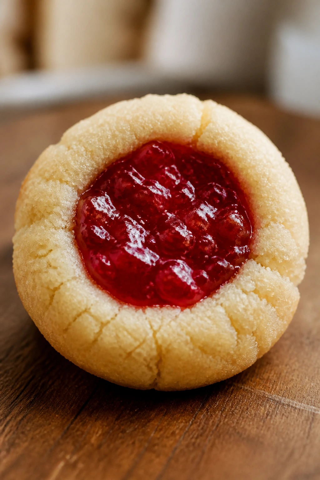 Close-up of a thumbprint cookie with strawberry jam center