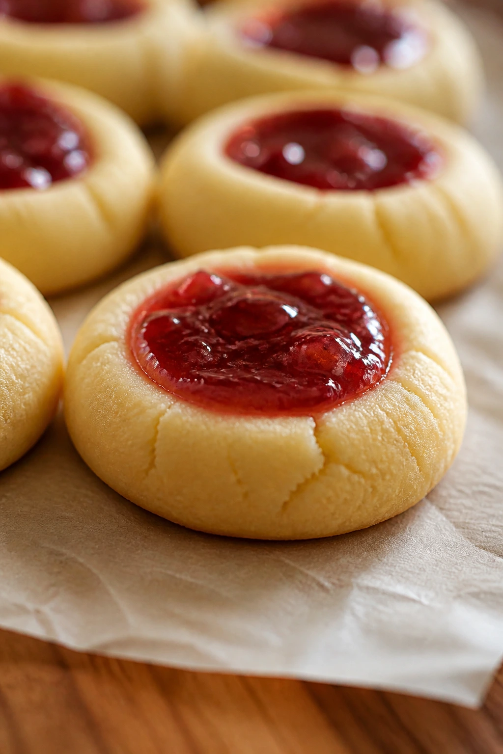 Row of thumbprint cookies with strawberry jam centers