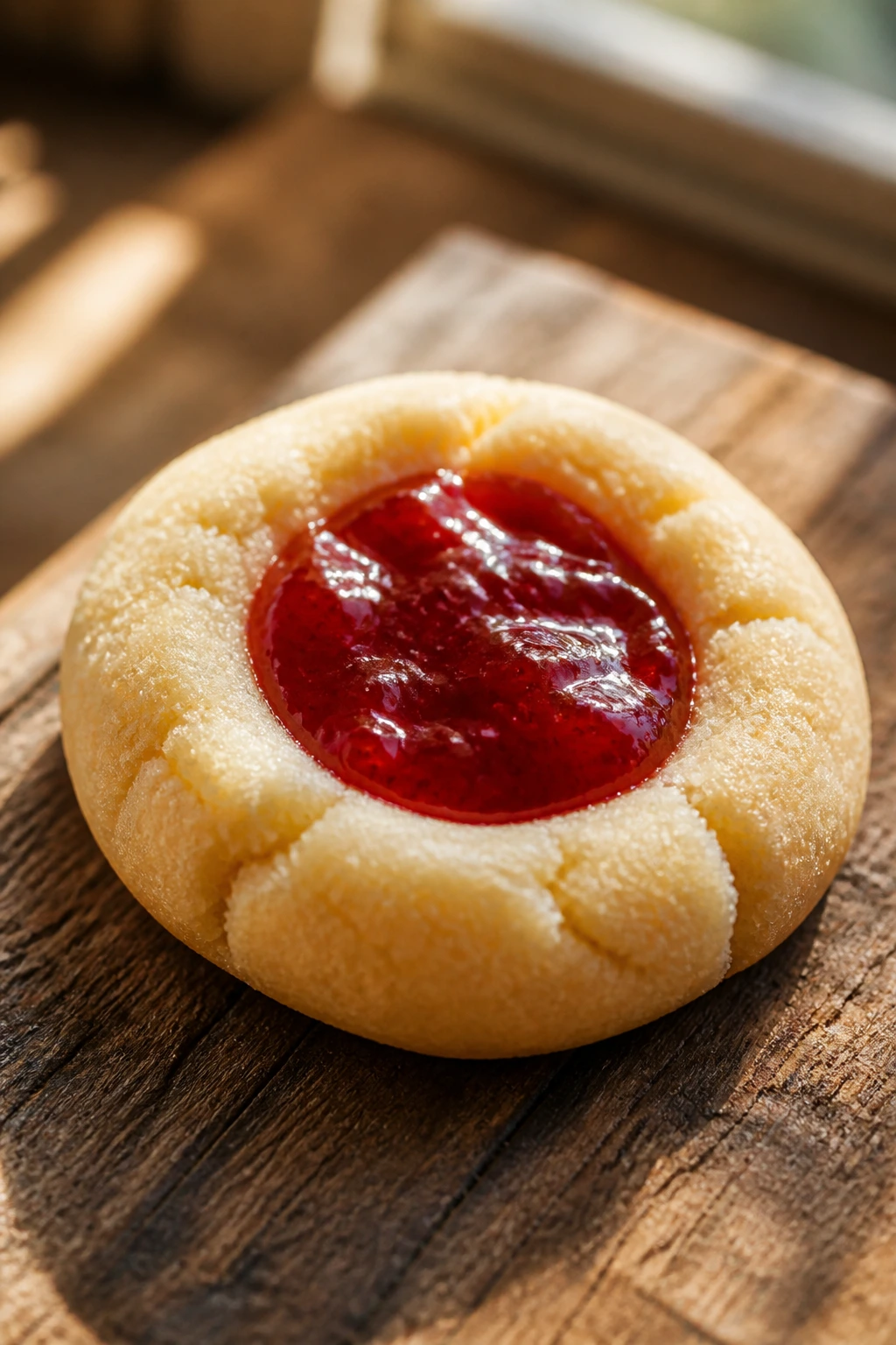 Close-up of a strawberry thumbprint cookie with glossy jam center