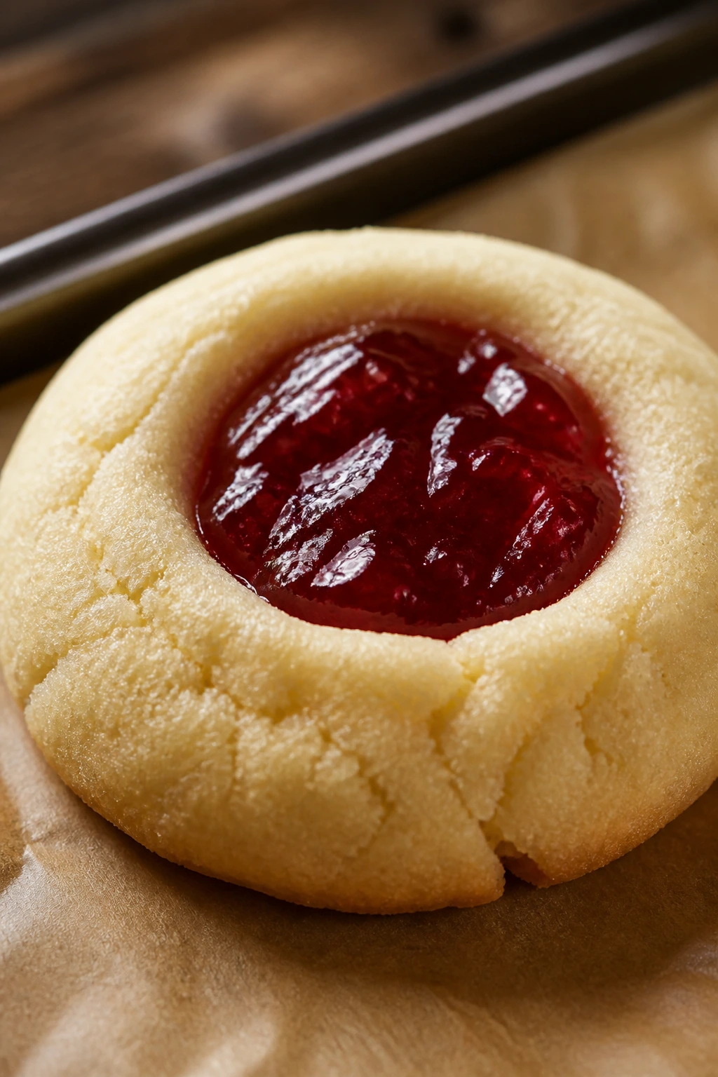 Close-up of a jam-filled thumbprint sugar cookie on parchment in a rustic kitchen