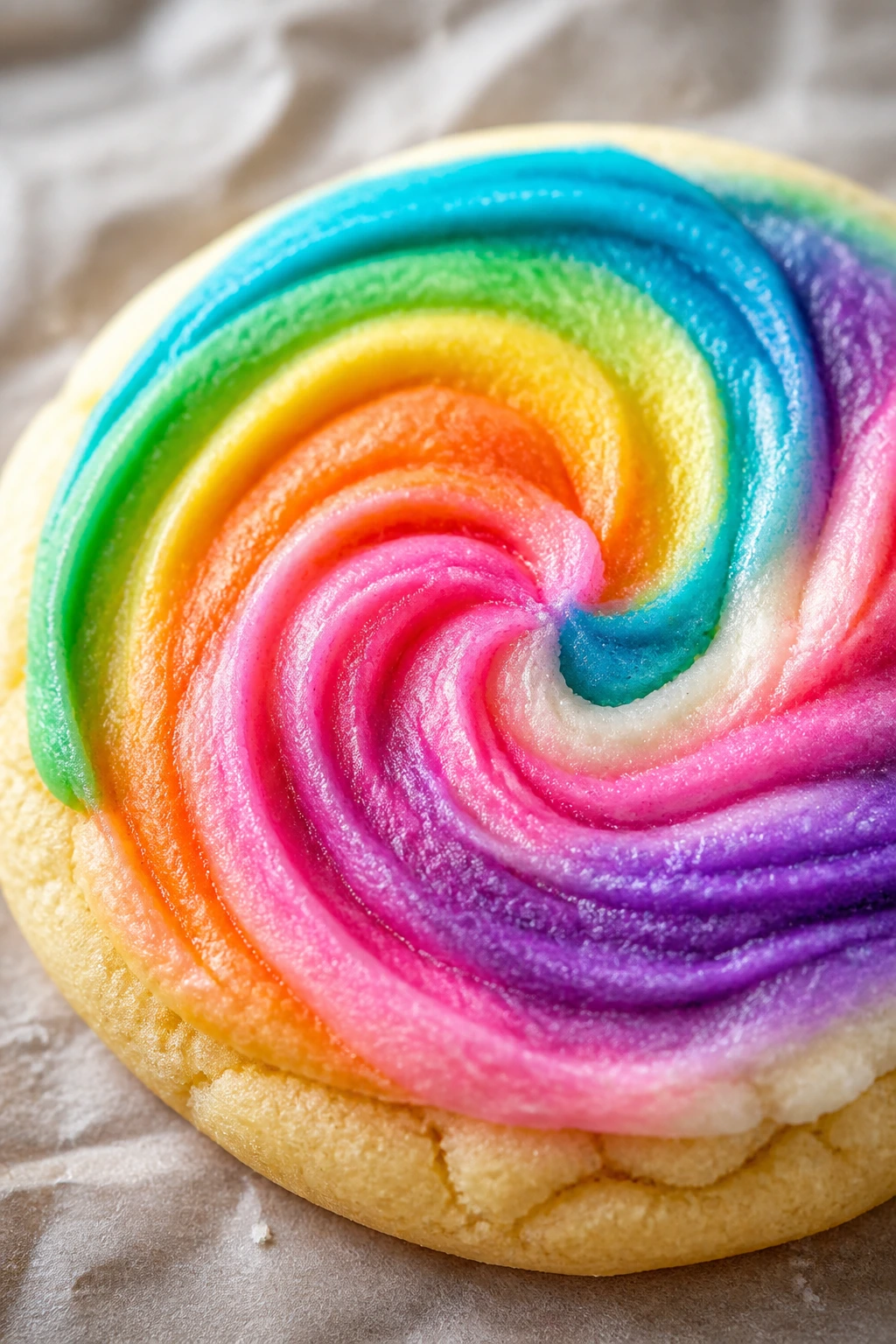 Close-up tie-dye frosted rainbow cookie with colorful frosting swirls