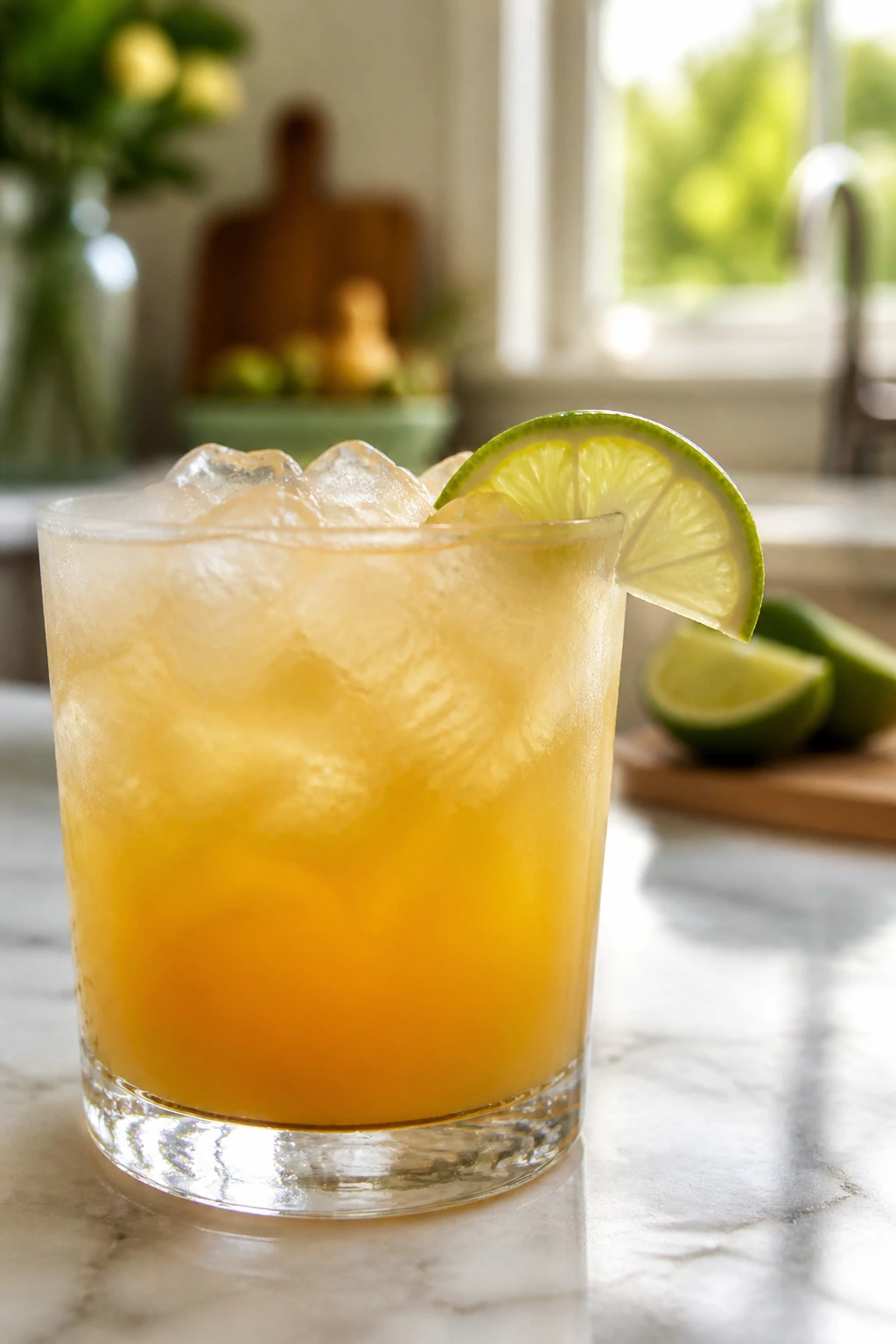 Balanced tropical cocktail on a kitchen counter with lime wedge