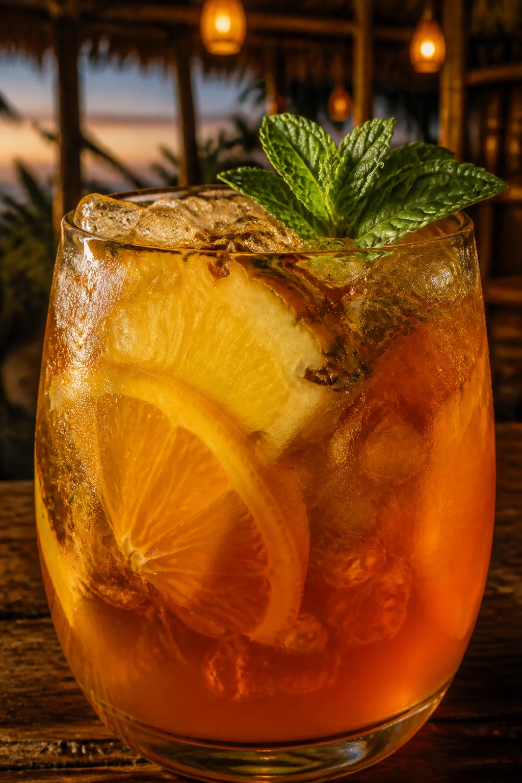 Close-up of Tiki Tea Punch in a glass at a tiki bar at dusk