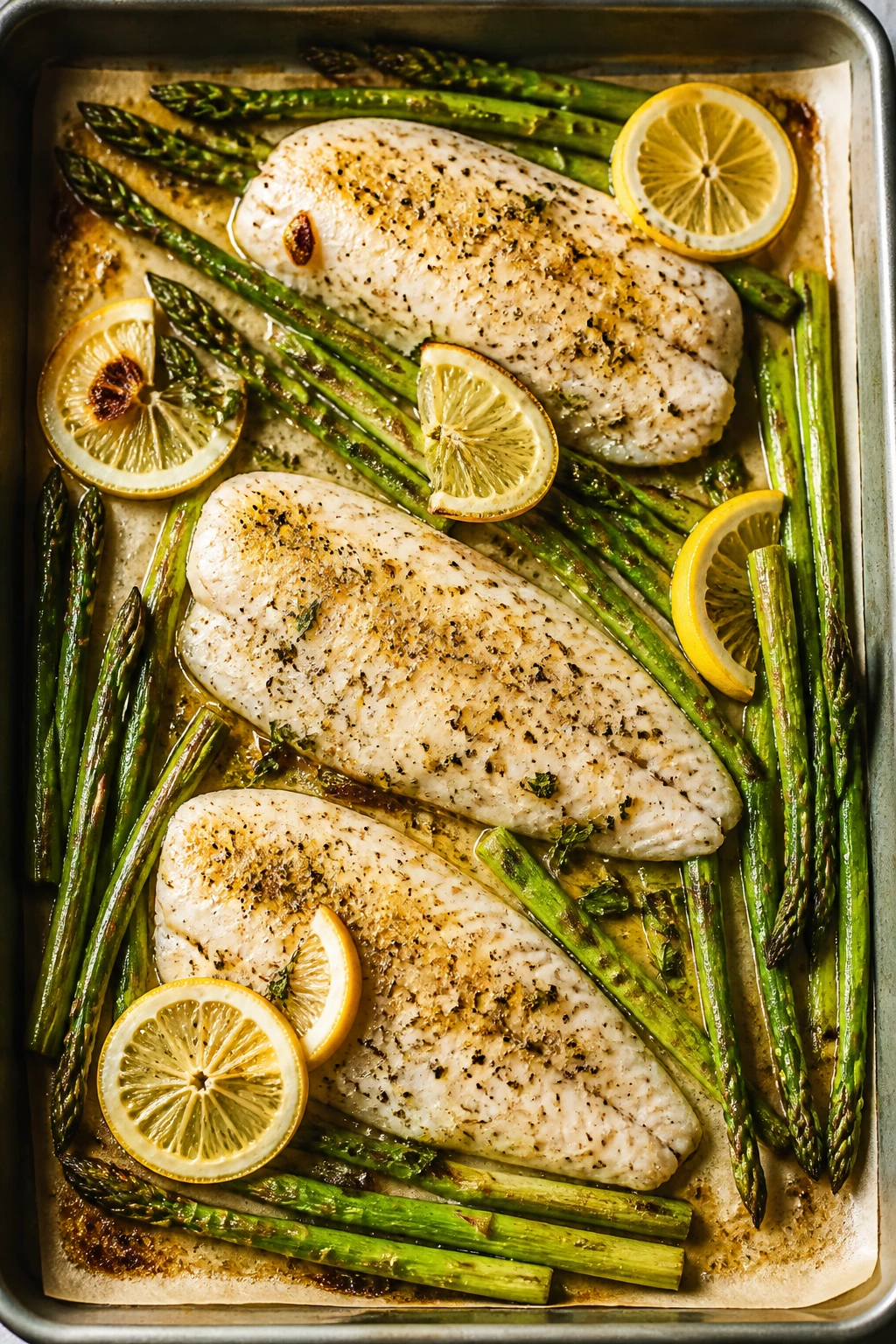 Sheet pan tilapia with asparagus and lemon on a kitchen counter