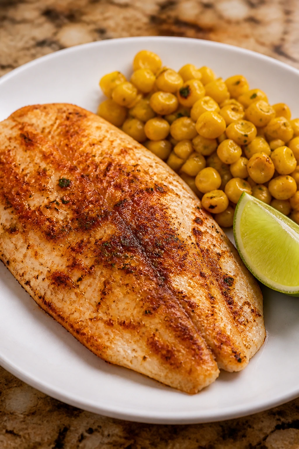 Tilapia fillet with corn and lime on a plate