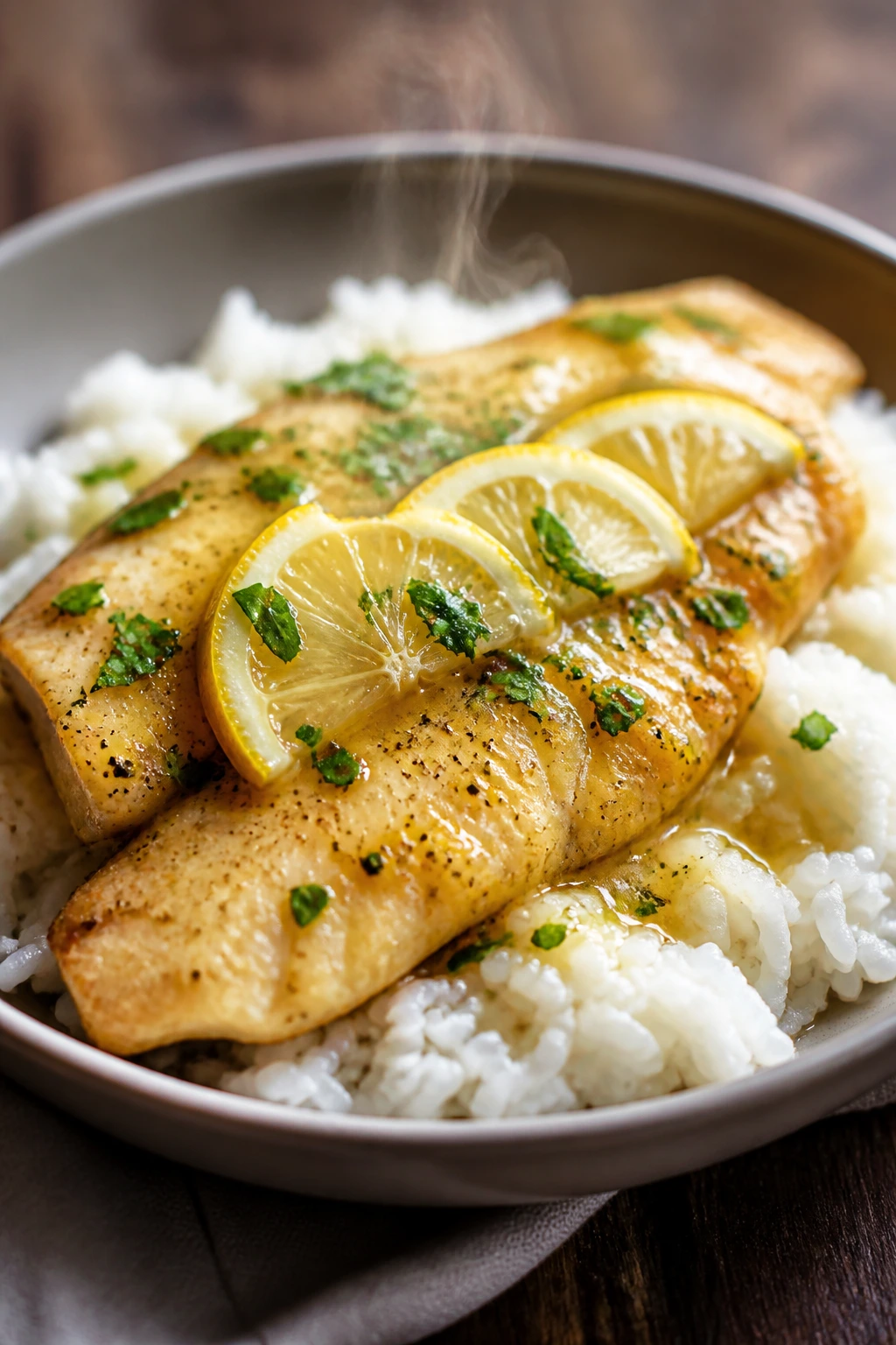 Close-up of tilapia fillet with lemon butter over rice