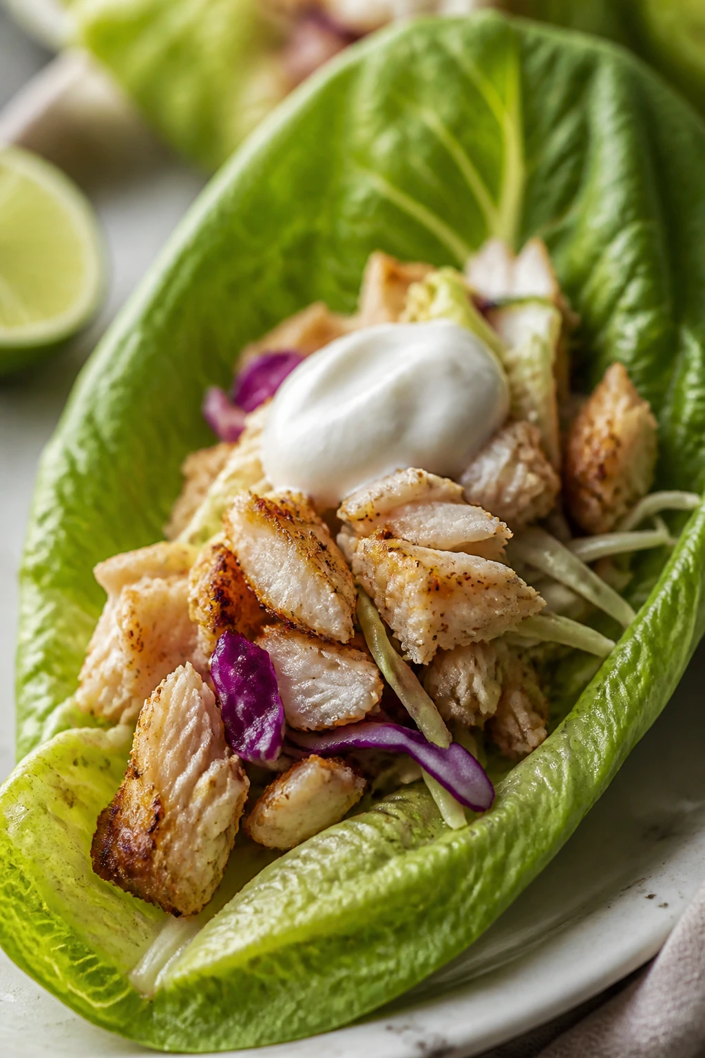 Close-up of tilapia lettuce taco with cabbage and sour cream