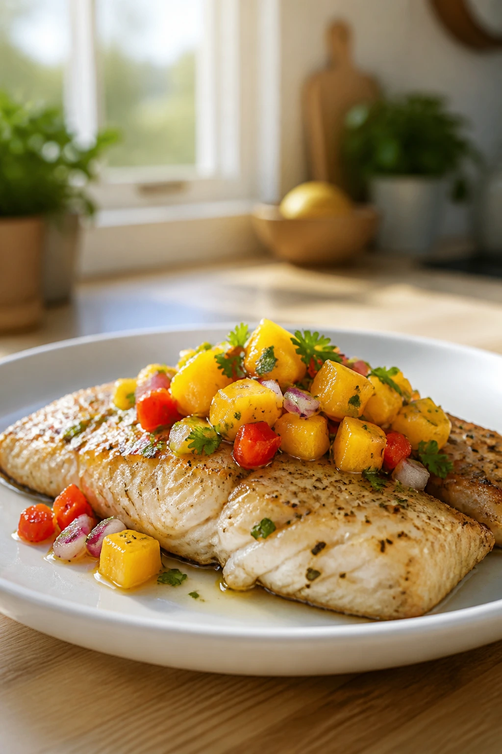 Close-up of a tilapia fillet with mango salsa on a plate in a sunny kitchen.