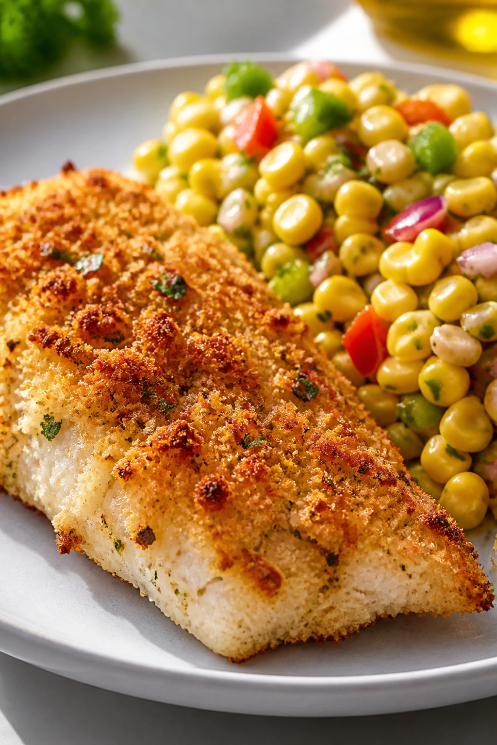 Tilapia fillet with crisp panko crust and corn salad