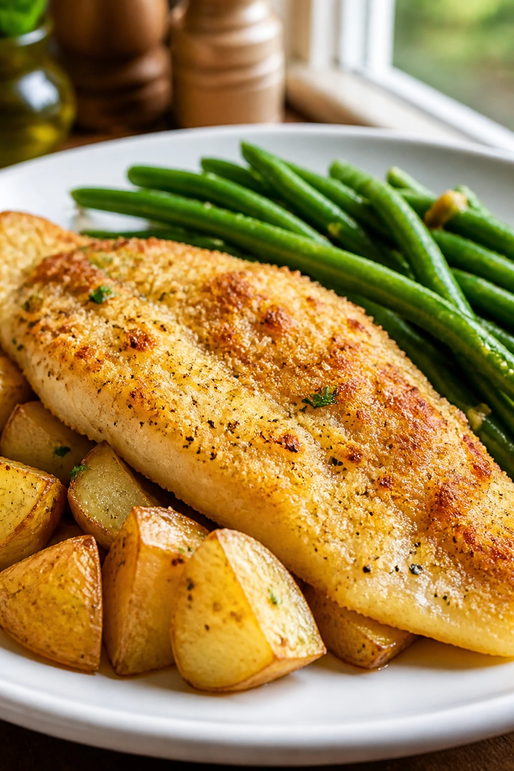 Parmesan-crusted tilapia with green beans and potatoes on plate