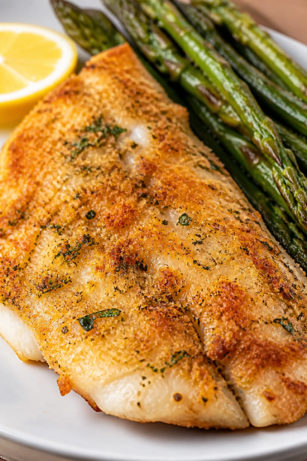 Tilapia fillet with parmesan crust on a plate