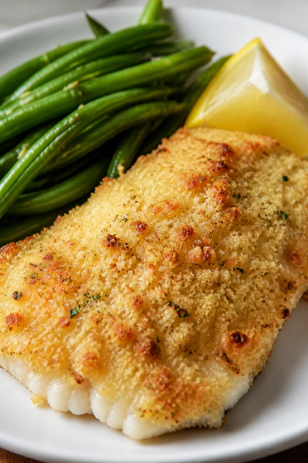 Parmesan-crusted tilapia with green beans and lemon on plate.